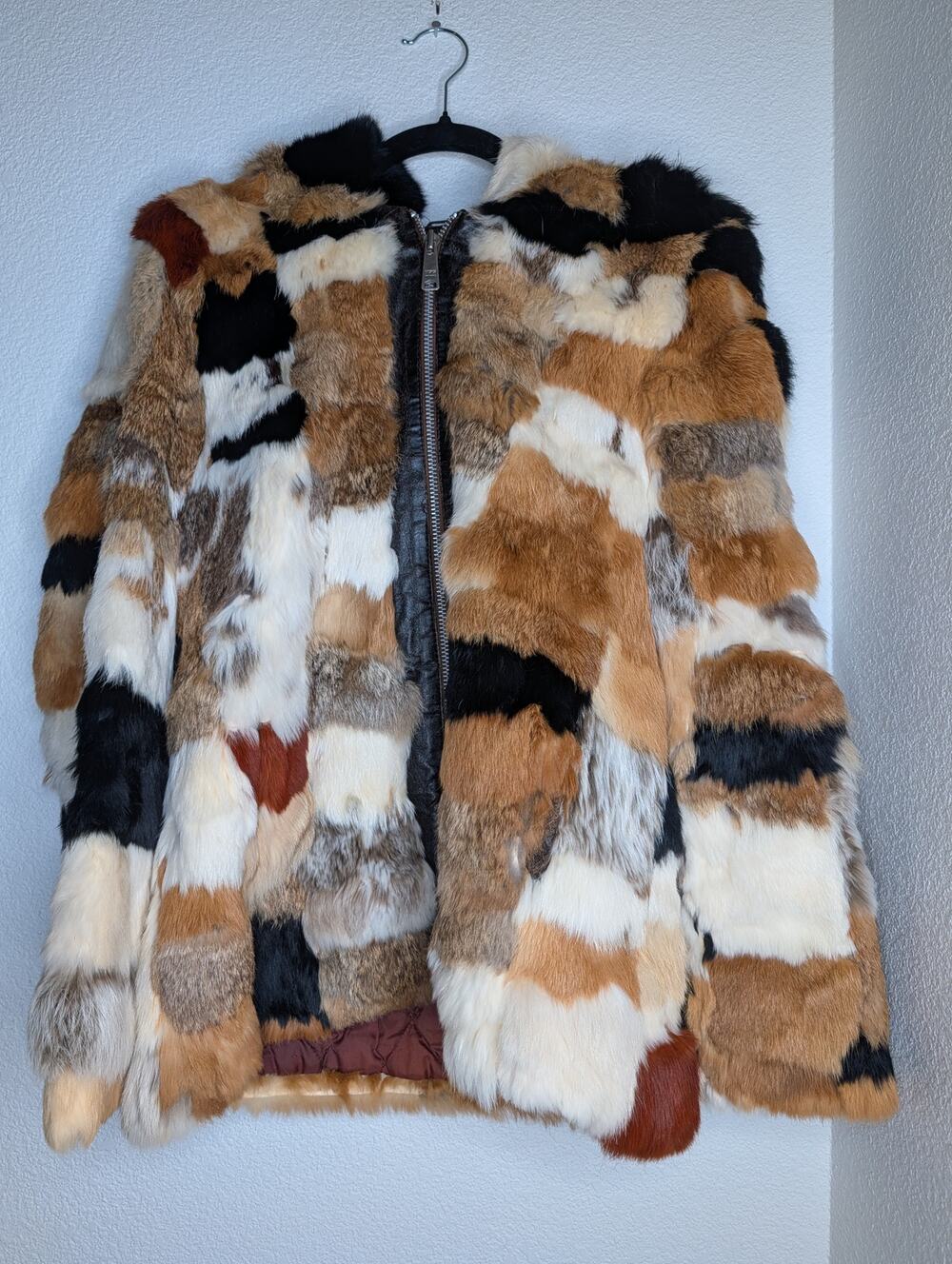 VTG Authentic Rabbit Fur Patchwork Hooded Jacket Leather Zipper M Mob Wife